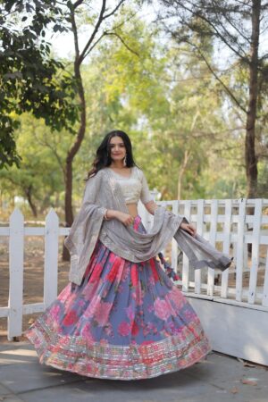 Gown With Duptta Faux blooming fabric with sequins and thread embroidery, featuring embroidered lace patta