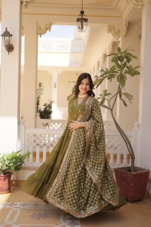 Unique-colored Faux Georgette with exquisite embroidery Mhendi color Gown With Duptta
