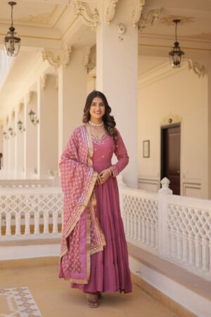 Unique-colored Faux Georgette with exquisite embroidery Onion color Gown With Duptta