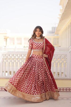 Vibrant Red Exquisite Lehenga Set with Blouse & Dupatta