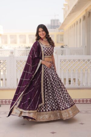 Luxurious Wine Exquisite Lehenga Set with Blouse & Dupatta