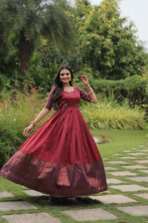 Rich Maroon Elegant Banarasi Jacquard Silk Gown