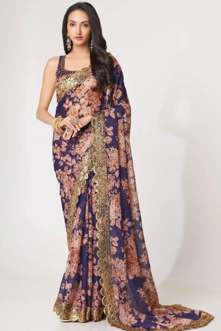 Designer Midnight Mauve Purple Floral Organza Saree with Heavy Gold Border | Premium Wedding & Party Wear Saree