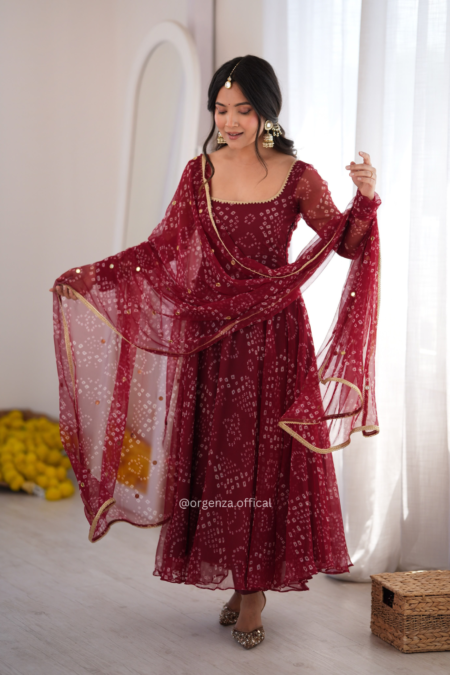Women's Maroon Faux Georgette Digital Print Flared Anarkali Gown with Pant and Embroidered Dupatta Set