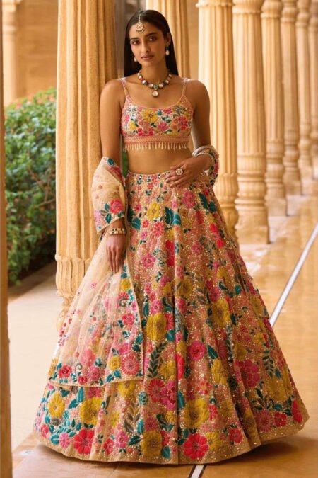 MULTI COLOURED FLORAL APPLIQUE LEHENGA SET