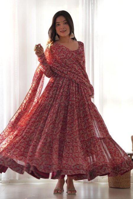MAROON COLOR GEORGETTE THREE LAYER RUFFLE STYLE ANARKALI SUIT