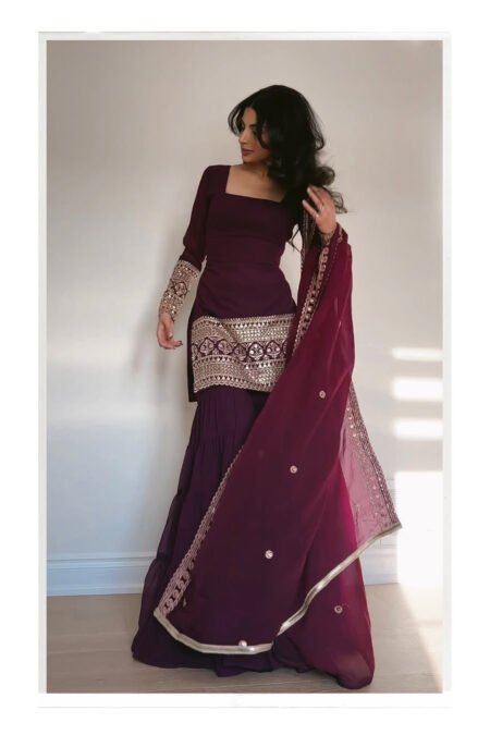 WINE COLOR GEORGETTE BASE EMBROIDERED WORK SHARARA SUIT SET OF 3