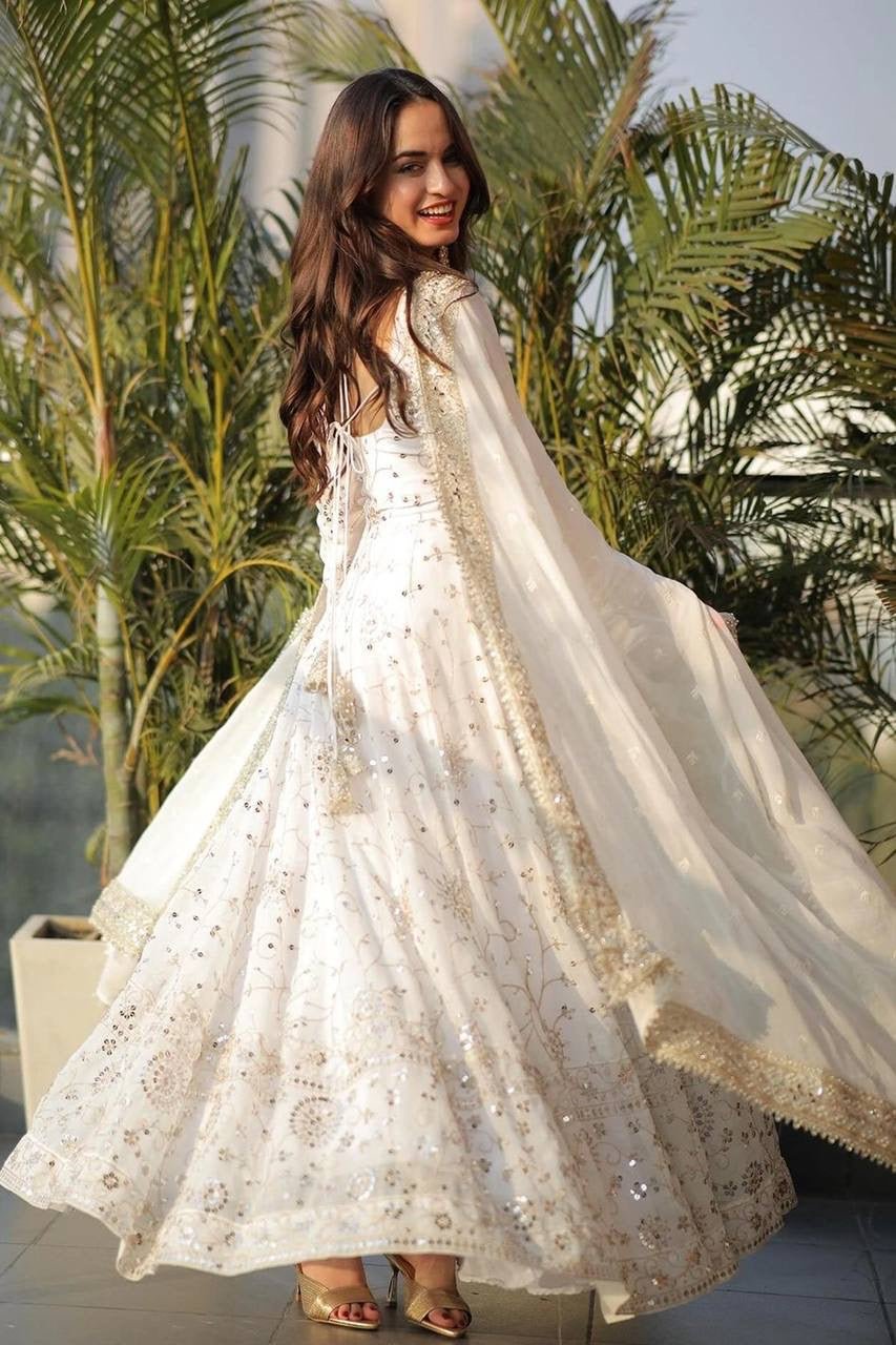 LUXURIOUS WHITE GOWN WITH SEQUENCE WORK & DUPATTA - Image 2