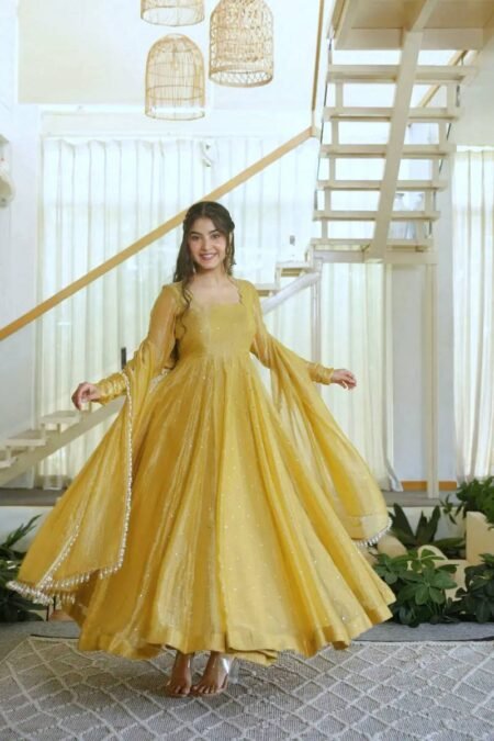 Women's Mustard Salsa Silk Flared Anarkali Gown with Pant and Foil Work Dupatta Set
