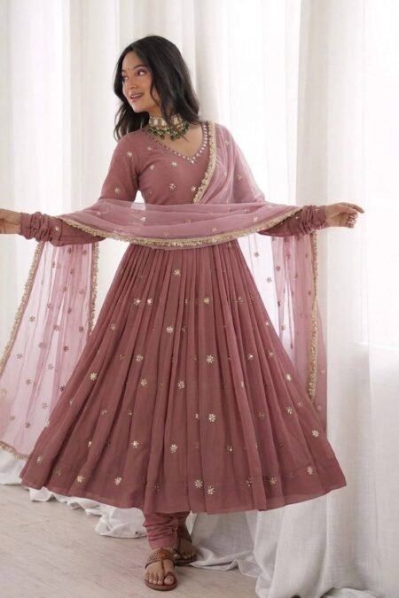 Women's Heavy Faux Georgette Embroidered Flared Anarkali Gown with Pant and Dupatta Set