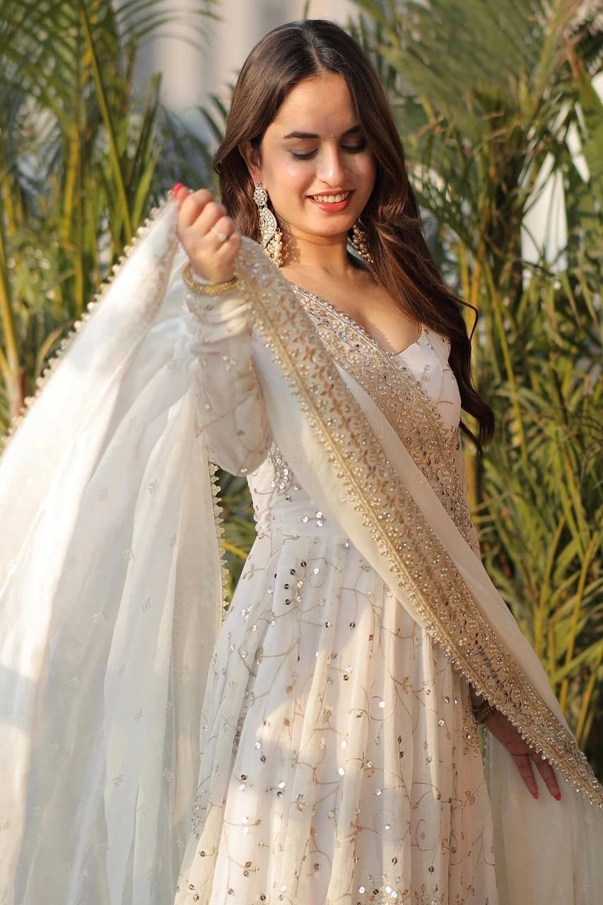 LUXURIOUS WHITE GOWN WITH SEQUENCE WORK & DUPATTA - Image 3