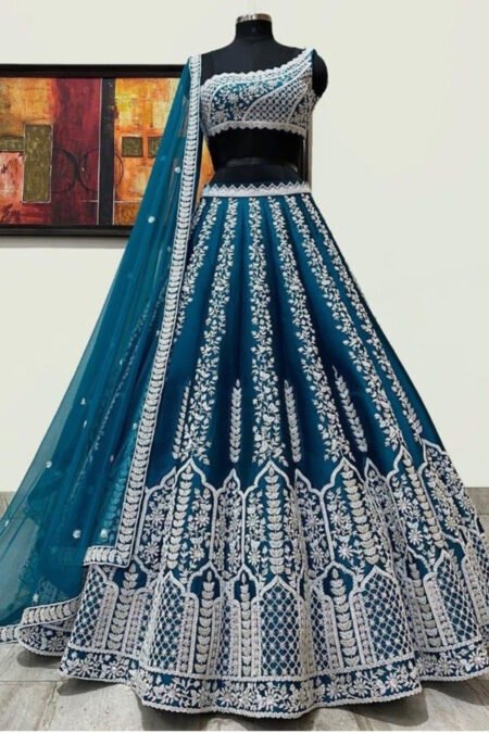 EXQUISITE DEEP SEA BLUE COLORED CHINON FABRIC DESIGNER LEHENGA CHOLI