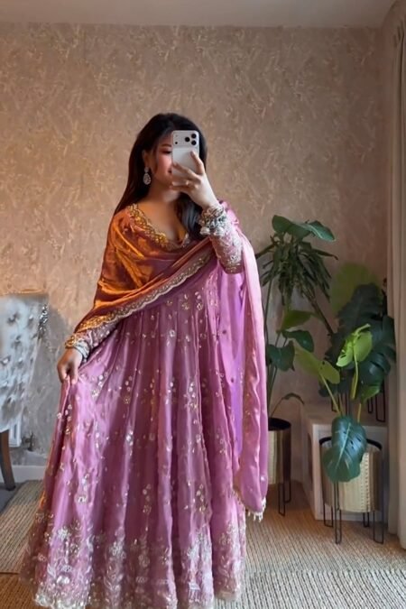 ELEGANT HEAVY FANDY SILK GOWN SET WITH EMBROIDERY & SEQUIN WORK