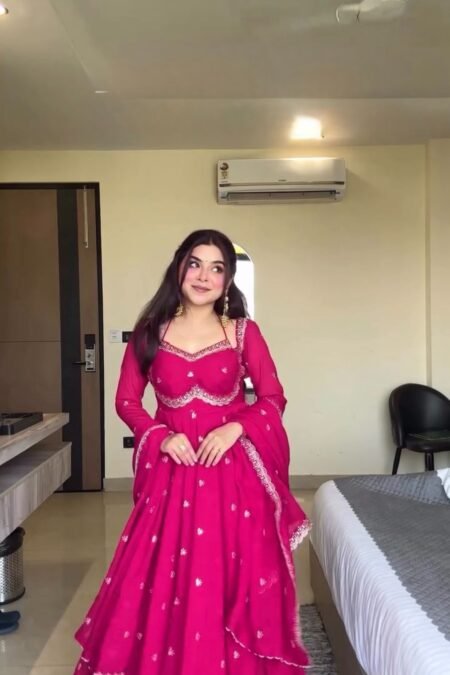 PREMIUM FAUX GEORGETTE PINK ANARKALI WITH THREAD & SEQUENCE WORK