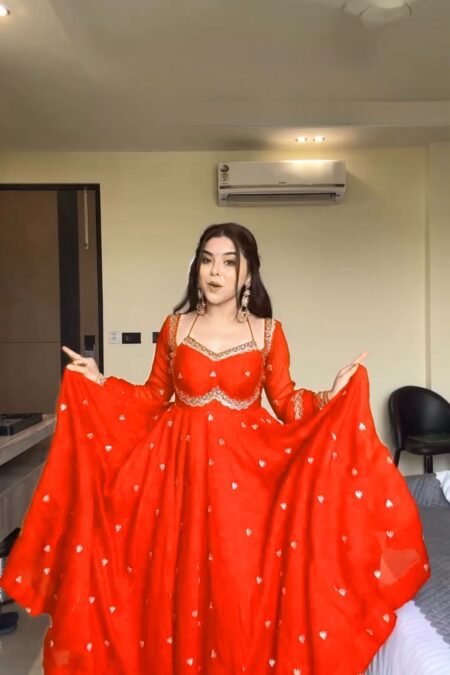 PREMIUM FAUX GEORGETTE ORANGE ANARKALI WITH THREAD & SEQUENCE WORK