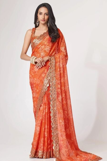 Gorgeous Orange Floral Printed Organza Party Wear Saree With Blouse