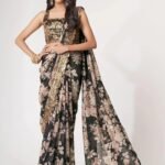 Women’s Black Organza Floral Print Saree with Heavy Gold Zari Scalloped Border & Sequins Blouse