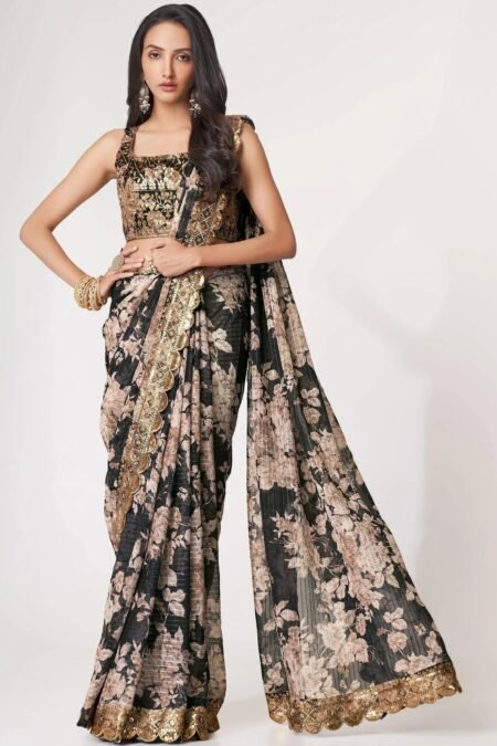 Women's Black Organza Floral Print Saree with Heavy Gold Zari Scalloped Border & Sequins Blouse