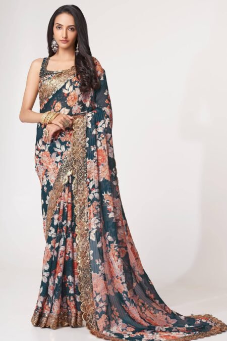Action Oriented Dove Blue Floral Printed Organza Events Wear Saree With Blouse