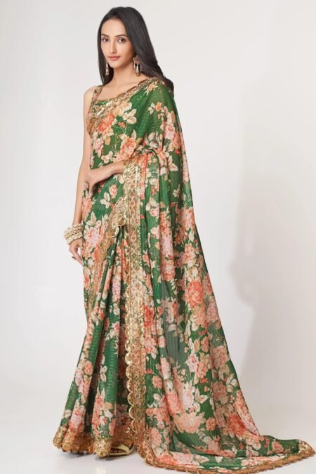 Emerald Green Organza Floral Saree with Sequins Embroidery & Blouse Piece