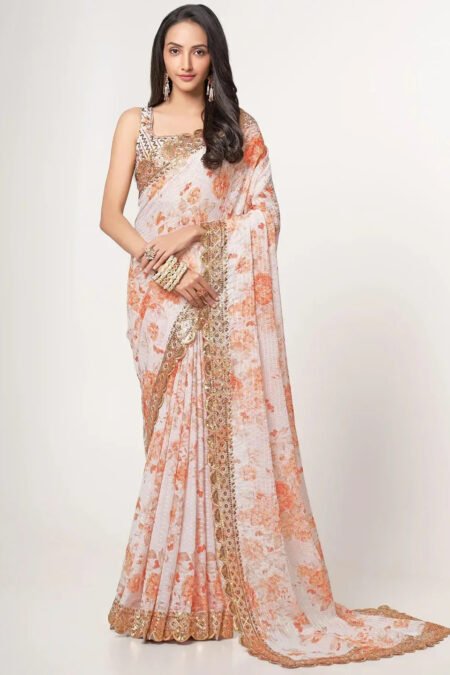 Designer Ivory Peach Floral Organza Saree with Heavy Gold Border | Premium Wedding & Party Wear Saree