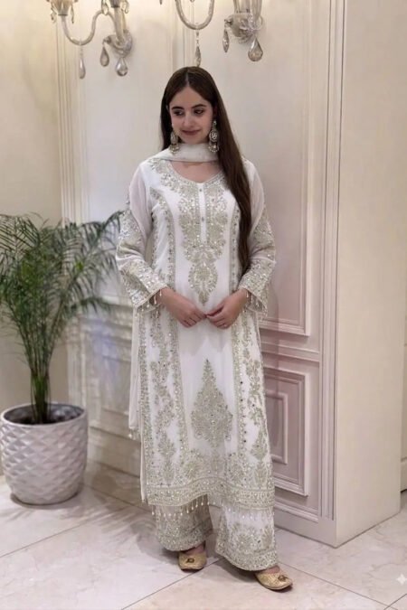 Women's Heavy Faux Georgette Sequence Embroidery Kurta and Palazzo Set with Dupatta