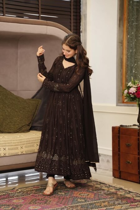 BLACK EMBROIDERED GEORGETTA BASE ANARKALI WITH CHURIDAR AND DUPATTA - SET OF 3