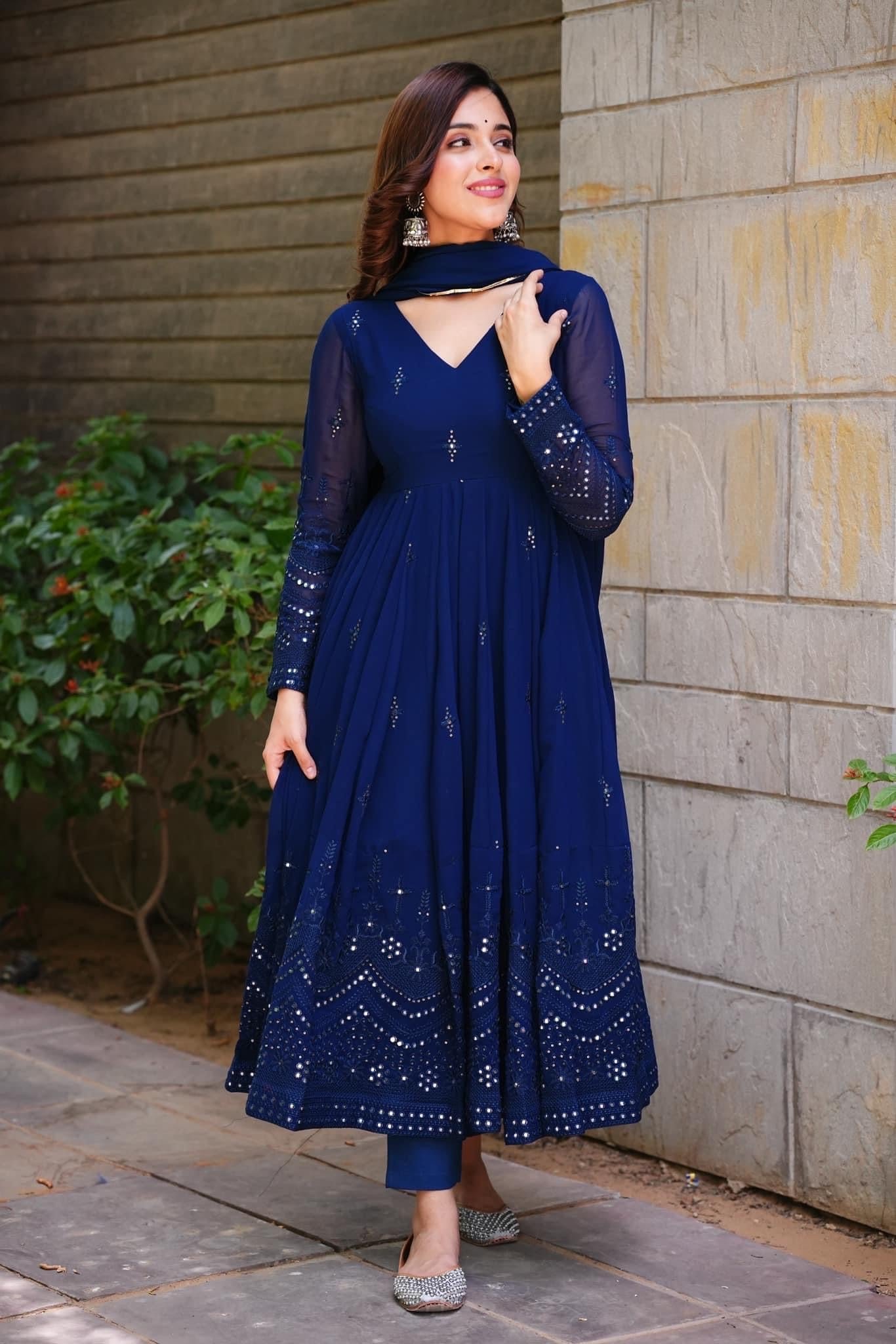 COBALT BLUE GEORGETTE BASE ANARKALI SUIT SET OF 3 - Image 3
