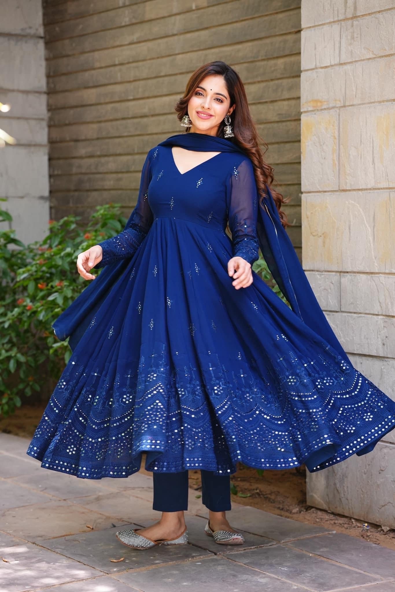 COBALT BLUE GEORGETTE BASE ANARKALI SUIT SET OF 3 - Image 2