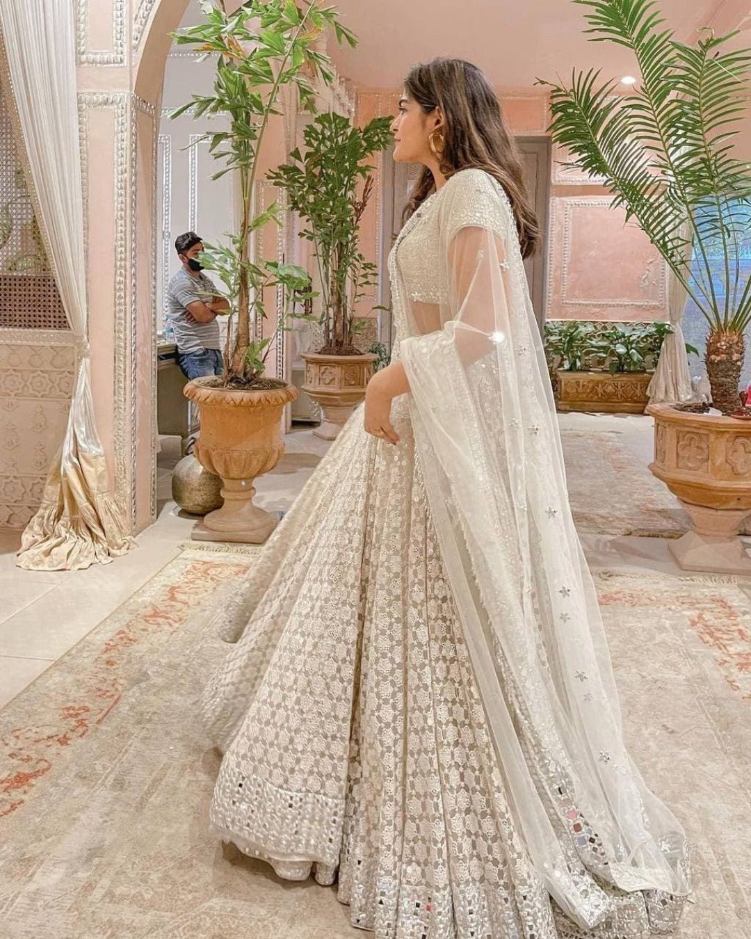 WEDDING WEAR OFF-WHITE COLOR GEORGETTE BASE MIRROR WORK BASE ELEGANT LEHENGA CHOLI - Image 3