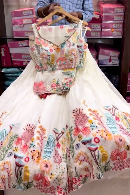 DELIGHTFUL WHITE COLOR MULTI THREAD DESIGNER HEAVY LEHENGA CHOLI