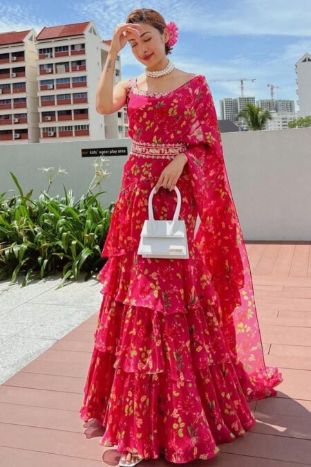 NEW FOLORAL PRINTAND EMBROIDERY WORKED DESIGNER LEHENGA SAREE