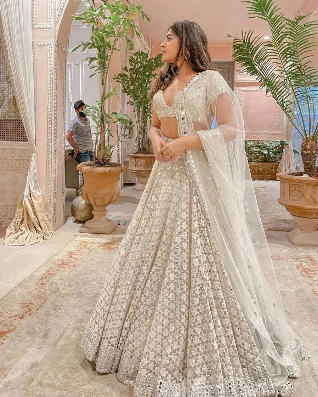 WEDDING WEAR OFF-WHITE COLOR GEORGETTE BASE MIRROR WORK BASE ELEGANT LEHENGA CHOLI - Image 2