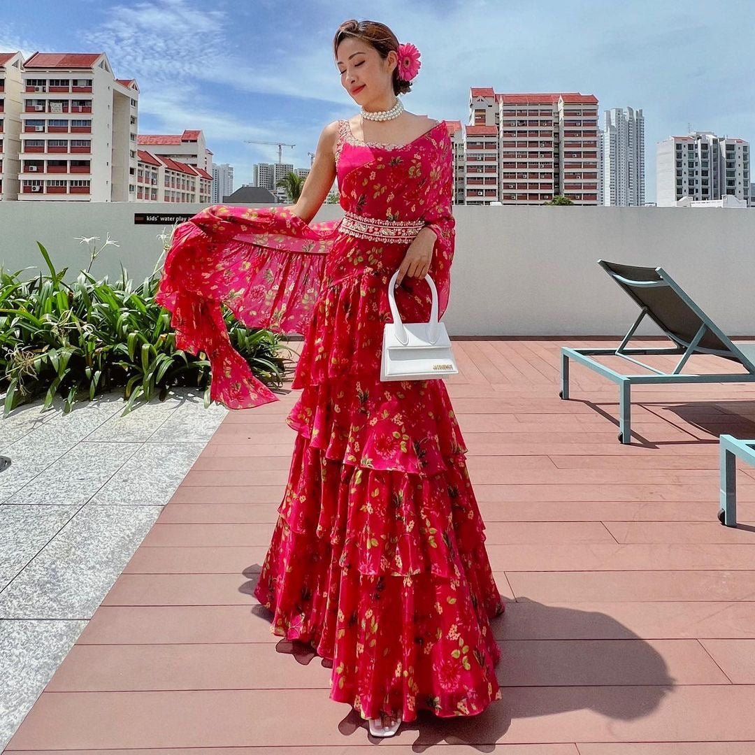 NEW FOLORAL PRINTAND EMBROIDERY WORKED DESIGNER LEHENGA SAREE - Image 2