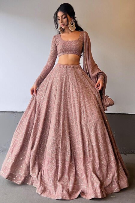CHOCOLATE BROWN COLOR GEORGETTE BASA LAKNAVI WORK DESIGNER LEHENGA CHOLI