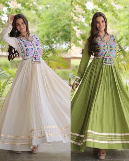 Kora Cotton Ethnic Gown for Women - Real Mirror, Multi-Thread Embroidery & Cowrie Shell Tassels | 4 Meter Flair (Parrot Green & Off-White) Navratri Special