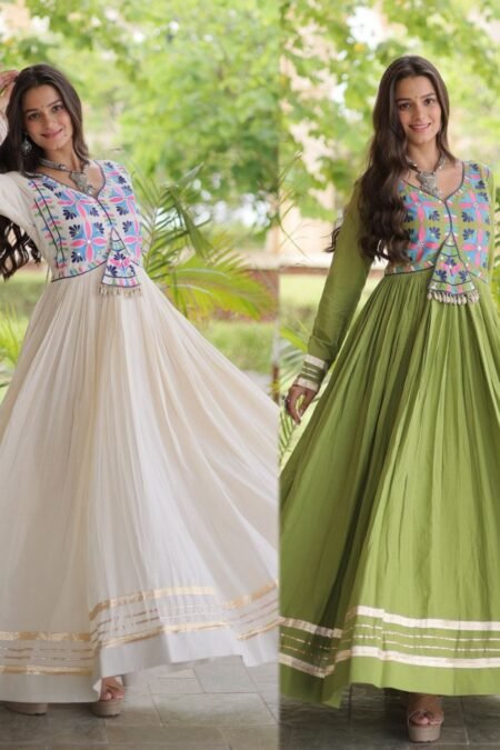 Kora Cotton Ethnic Gown for Women - Real Mirror, Multi-Thread Embroidery & Cowrie Shell Tassels | 4 Meter Flair (Parrot Green & Off-White) Navratri Special