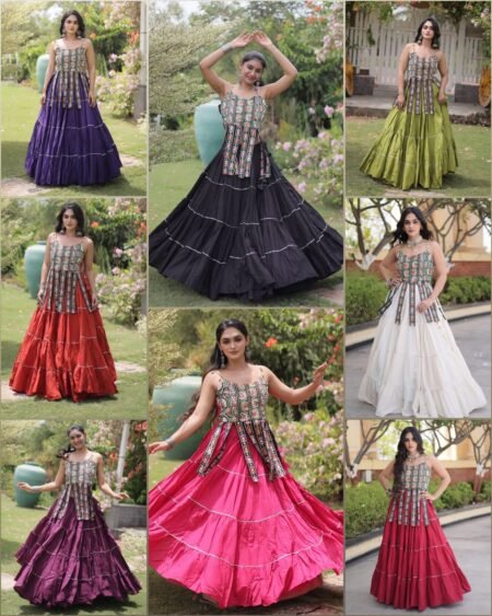 Women's Kora Cotton Ready to Wear Navratri Lehenga Choli with Kutchi Patchwork Blouse | 12 Meter Huge Flair Garba Chaniya Choli (Fully Stitched)