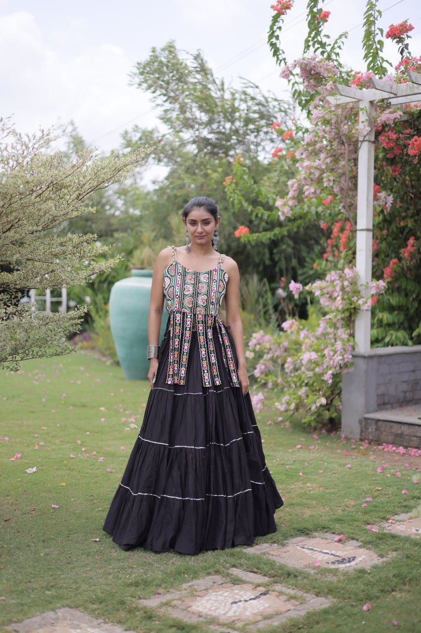Women's Kora Cotton Ready to Wear Navratri Lehenga Choli with Kutchi Patchwork Blouse | 12 Meter Huge Flair Garba Chaniya Choli (Fully Stitched) - Image 3