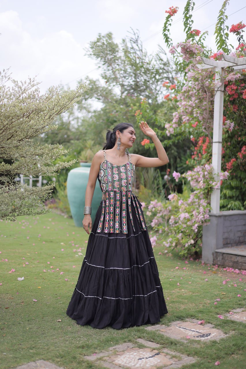 Women's Kora Cotton Ready to Wear Navratri Lehenga Choli with Kutchi Patchwork Blouse | 12 Meter Huge Flair Garba Chaniya Choli (Fully Stitched) - Image 2