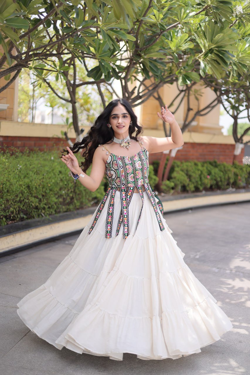 Women's Kora Cotton Ready to Wear Navratri Lehenga Choli with Kutchi Patchwork Blouse | 12 Meter Huge Flair Garba Chaniya Choli (Fully Stitched) - Image 14