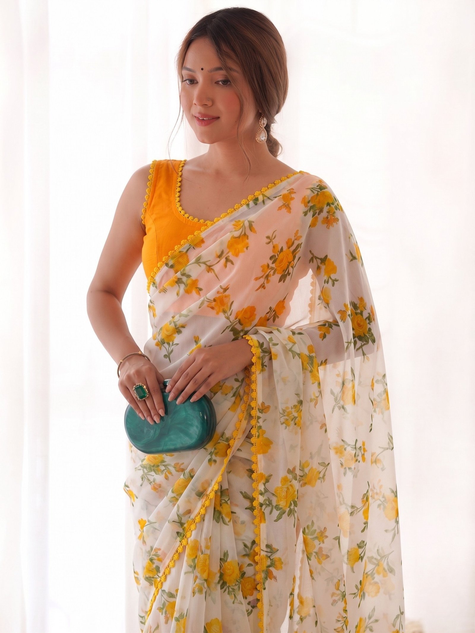 Premium Heavy Chiffon Floral Saree | Lace Border by Action Oriented - Image 4