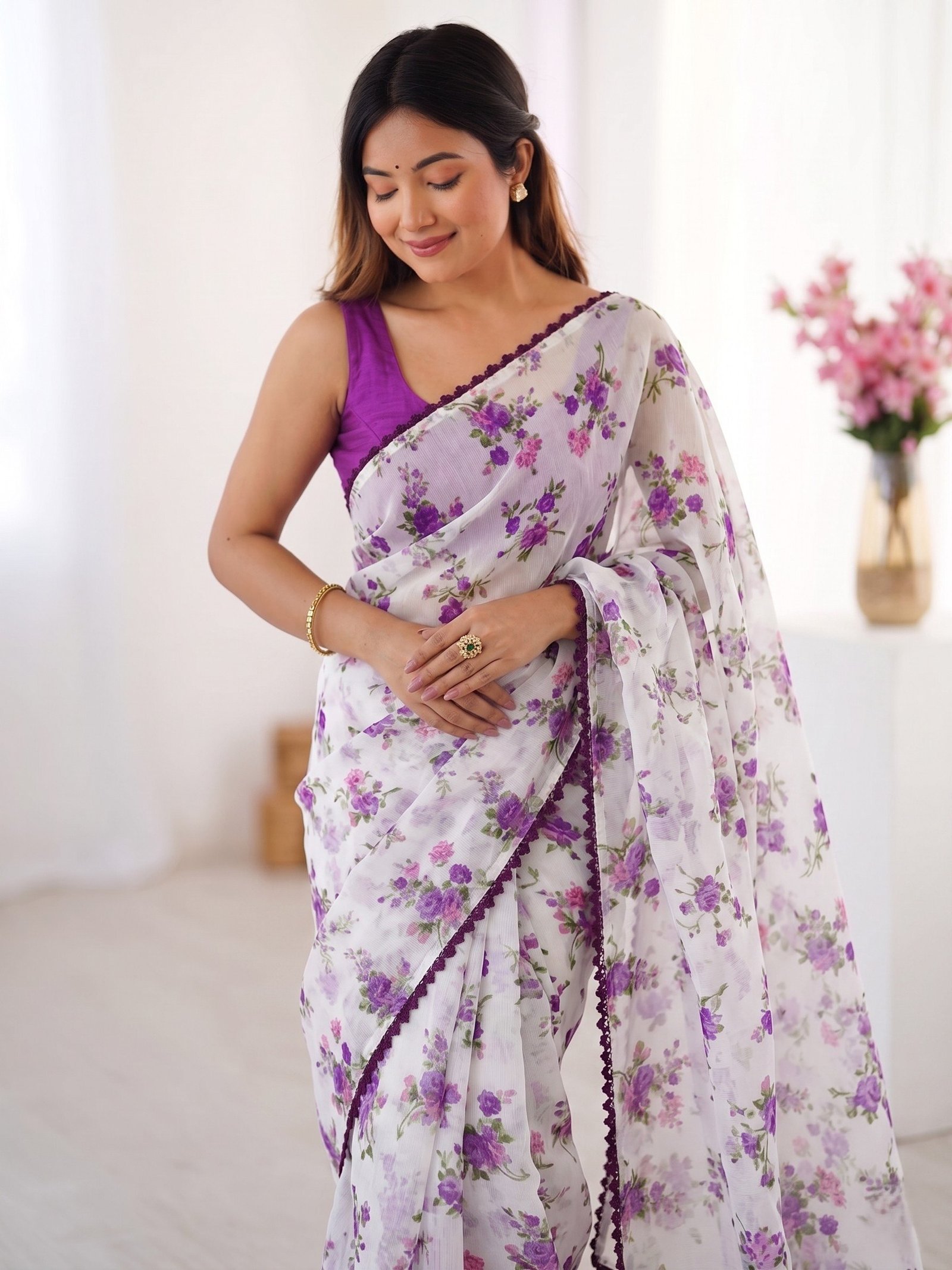 Premium Heavy Chiffon Floral Saree | Lace Border by Action Oriented - Image 3