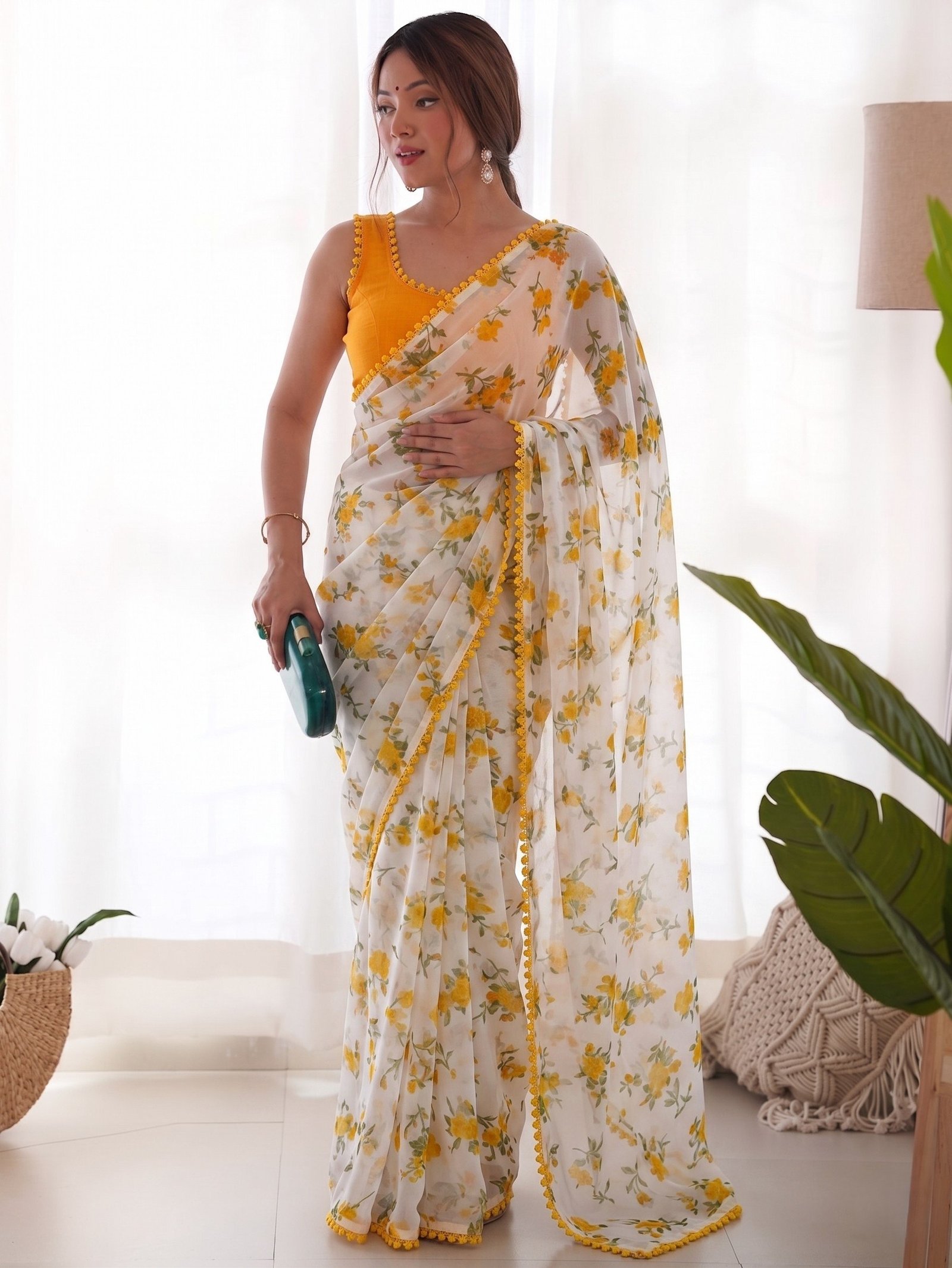 Premium Heavy Chiffon Floral Saree | Lace Border by Action Oriented - Image 6