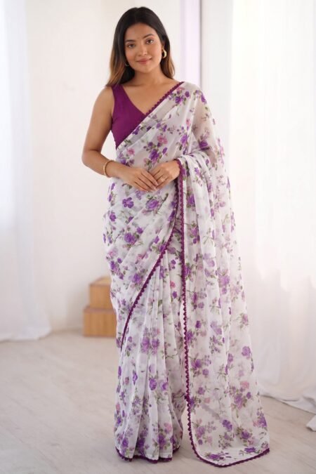 Premium Heavy Chiffon Floral Saree | Lace Border by Action Oriented