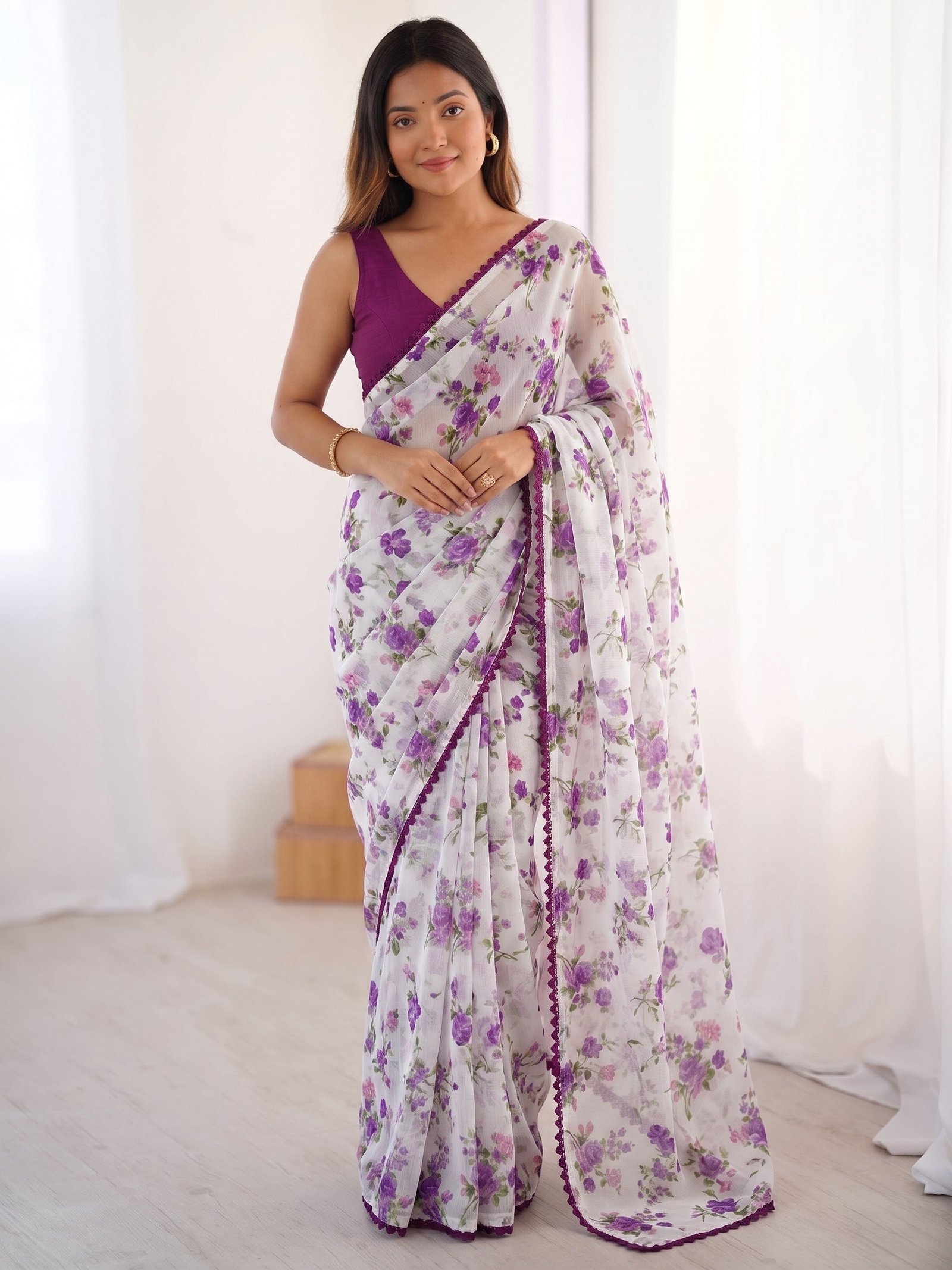 Premium Heavy Chiffon Floral Saree | Lace Border by Action Oriented