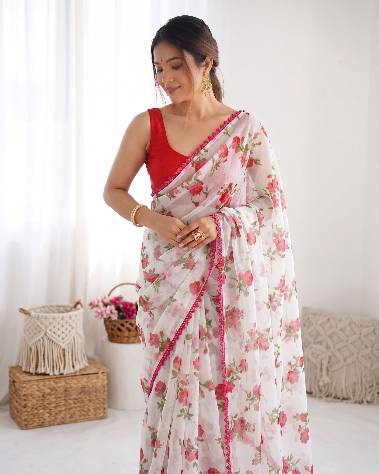 Premium Heavy Chiffon Floral Saree | Lace Border by Action Oriented - Image 10