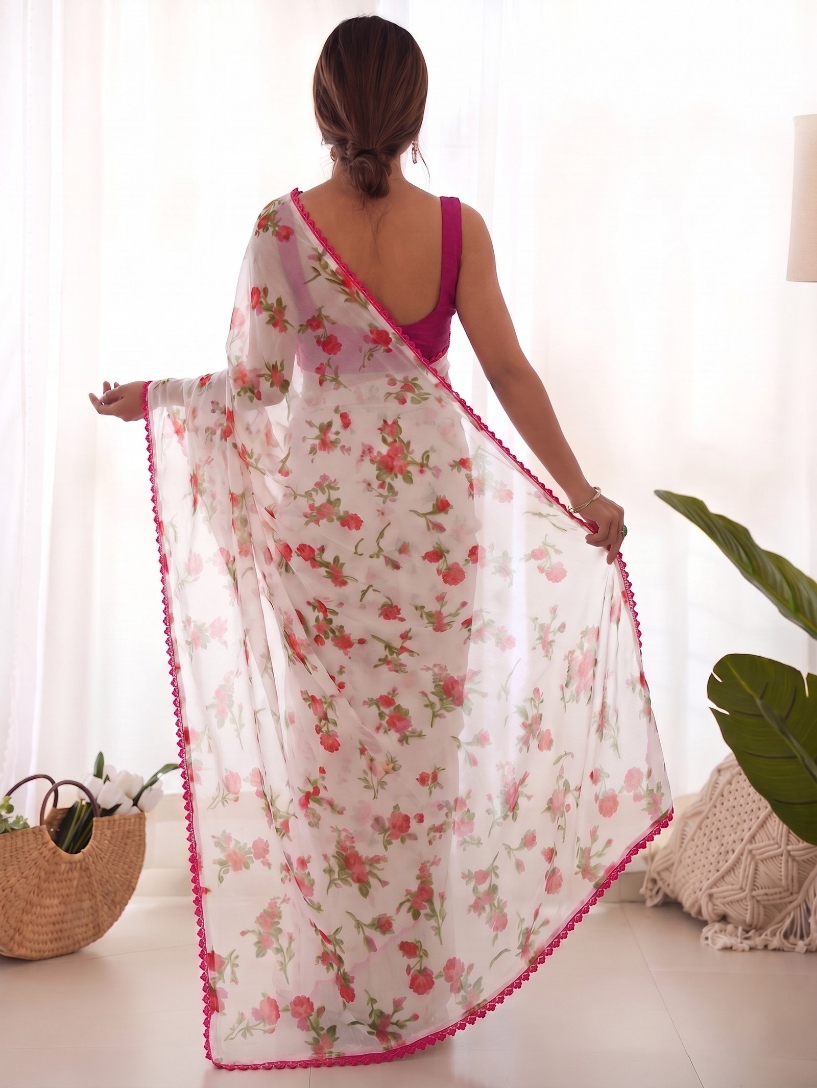 Premium Heavy Chiffon Floral Saree | Lace Border by Action Oriented - Image 11