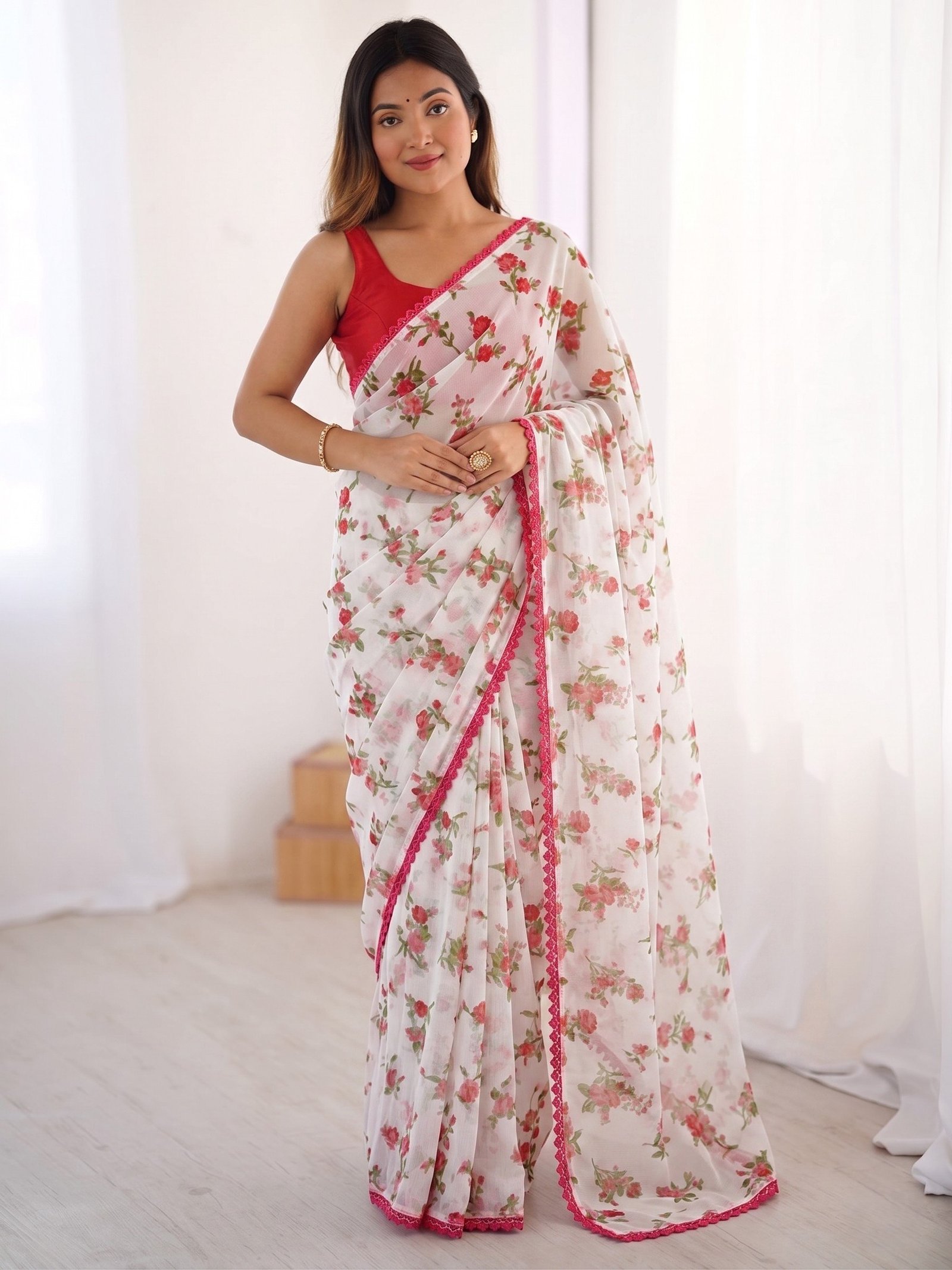 Premium Heavy Chiffon Floral Saree | Lace Border by Action Oriented - Image 9