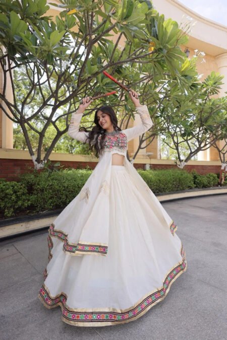 KASHVI WHITE GAMTHI EMBROIDERED MIRROR WORK NAVRATRI LEHENGA CHOLI